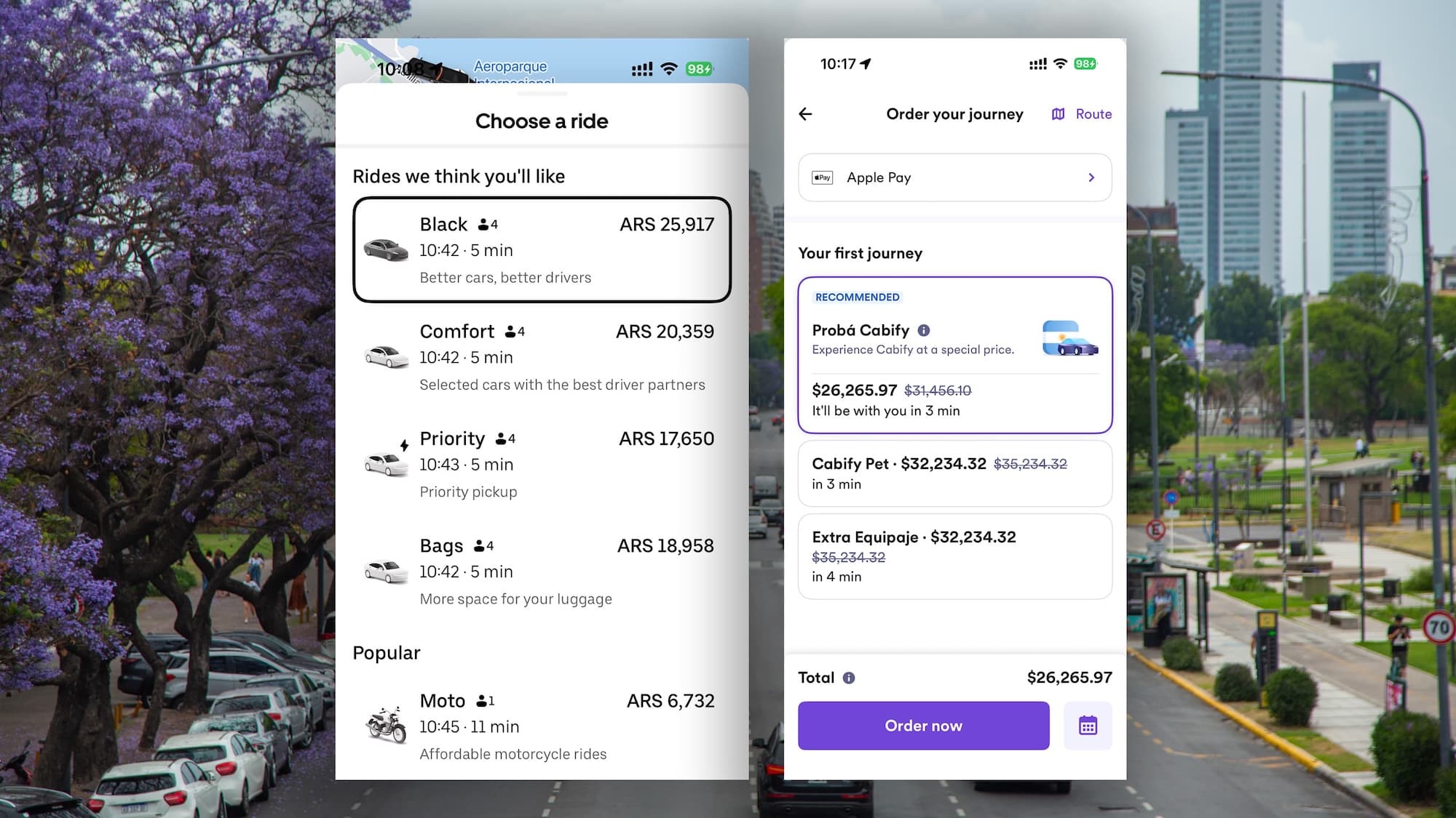 Uber and Cabify app layout in Buenos Aires